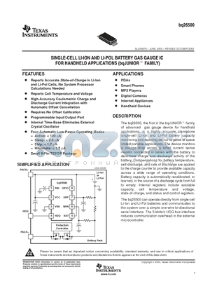 BQ26500PW datasheet - SINGLE-CELL LI-ION AND BATTERY GAS GAUGE IC FOR HANDHELD APPLICATIONS