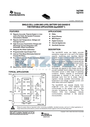 BQ27010 datasheet - SINGLE-CELL LHON AND LI-POL BATTERY GAS GAUGE IC FOR PORTABLE APPLICATIONS