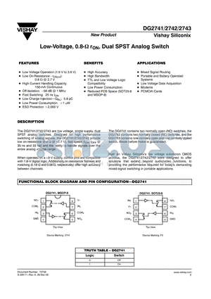 DG2742DS-T1 datasheet - Low-Voltage, 0.8-ohm rON, Dual SPST Analog Switch