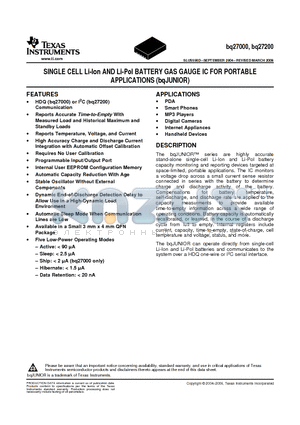 BQ27000DRKRG4 datasheet - SINGLE CELL Li-Ion AND Li-Pol BATTERY GAS GAUGE IC FOR PORTABLE APPLICATIONS (bqJUNIOR)