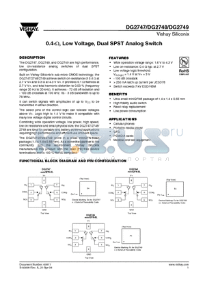 DG2747 datasheet - 0.4-Y, Low Voltage, Dual SPST Analog Switch