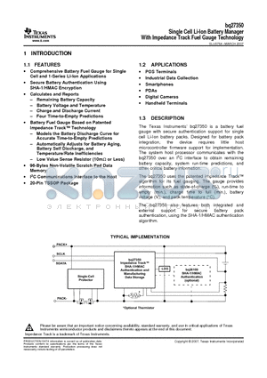 BQ27350 datasheet - Single Cell Li-Ion Battery Manager With Impedance Track Fuel Gauge Technology