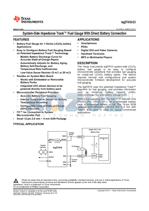 BQ27410-G1 datasheet - System-Side Impedance Track Fuel Gauge With Direct Battery Connection