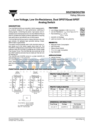 DG2789 datasheet - Low Voltage, Low On-Resistance, Dual DPDT/Quad SPDT Analog Switch