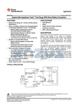 BQ27410DRZT-G1 datasheet - System-Side Impedance Track Fuel Gauge With Direct Battery Connection