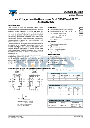DG2789 datasheet - Low Voltage, Low On-Resistance, Dual DPDT/Quad SPDT Analog Switch
