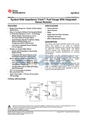 BQ27425-G1 datasheet - System-Side Impedance Track Fuel Gauge With Integrated Sense Resistor