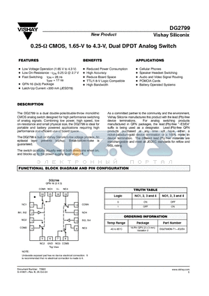 DG2799 datasheet - 0.25-OHM CMOS, 1.65-V to 4.3-V, Dual DPDT Analog Switch