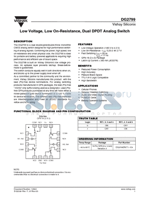 DG2799 datasheet - Low Voltage, Low On-Resistance, Dual DPDT Analog Switch