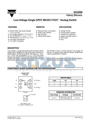 DG3000 datasheet - Low-Voltage Single SPDT MICRO FOOT Analog Switch
