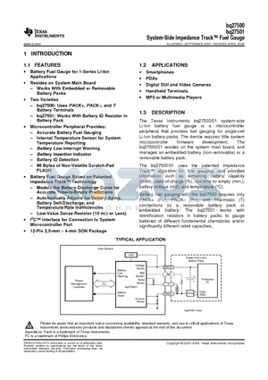 BQ27501DRZT datasheet - System-Side Impedance TracTM Fuel Gauge