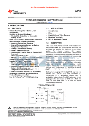 BQ27505 datasheet - System-Side Impedance Track Fuel Gauge