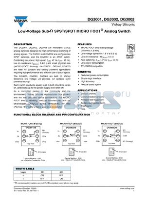 DG3002DB-T1-E1 datasheet - Low-Voltage Sub-ohm SPST/SPDT MICRO FOOT Analog Switch