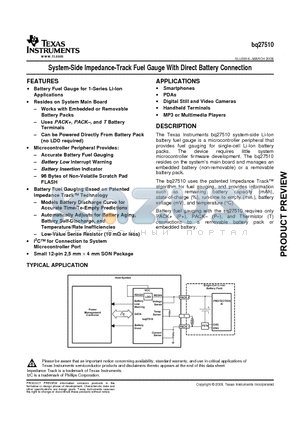 BQ27510DRZT datasheet - System-Side Impedance-Track Fuel Gauge With Direct Battery Connection