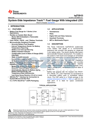 BQ27520YZFR-G3 datasheet - System-Side Impedance Track Fuel Gauge With Integrated LDO