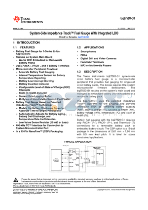 BQ27520-G1 datasheet - System-Side Impedance Track Fuel Gauge With Integrated LDO