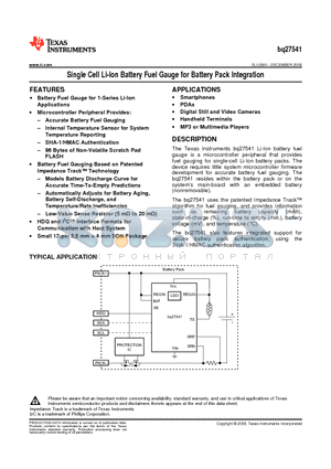 BQ27541 datasheet - Single Cell Li-Ion Battery Fuel Gauge for Battery Pack Integration