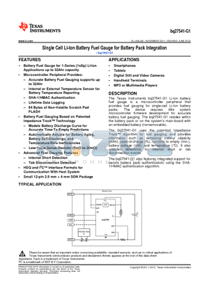 BQ27541-G1 datasheet - Single Cell Li-Ion Battery Fuel Gauge for Battery Pack Integration