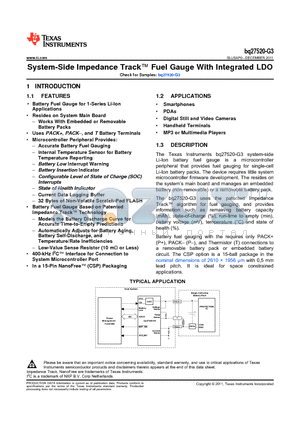 BQ27520-G3 datasheet - System-Side Impedance Track Fuel Gauge With Integrated LDO