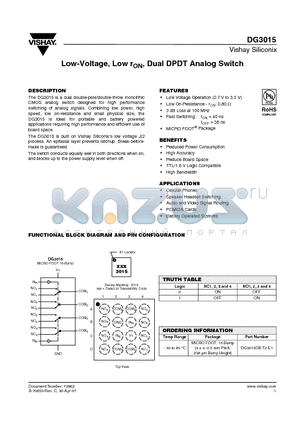 DG3015 datasheet - Low-Voltage, Low rON, Dual DPDT Analog Switch