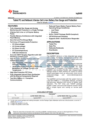 BQ28400 datasheet - Tablet PC and Netbook 2-Series Cell Li-Ion Battery Gas Gauge and Protection