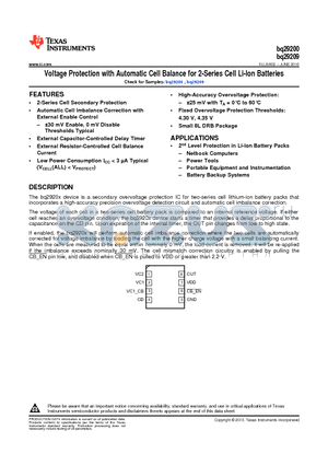 BQ29200DRBT datasheet - Voltage Protection with Automatic Cell Balance for 2-Series Cell Li-Ion Batteries