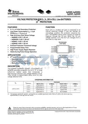 BQ29400A datasheet - VOLTAGE PROTECTION FOR 2-, 3-, OR 4-CELL Lion BATTERIES