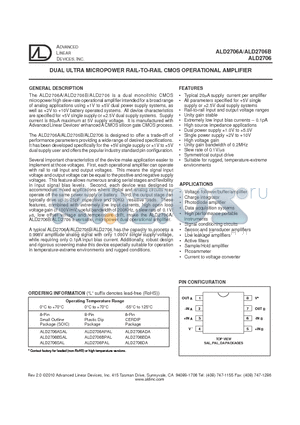 ALD2706BDA datasheet - DUAL ULTRA MICROPOWER RAIL-TO-RAIL CMOS OPERATIONAL AMPLIFIER