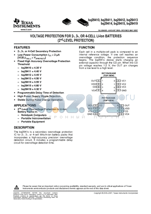 BQ29411DCTRG4 datasheet - VOLTAGE PROTECTION FOR 2-, 3-, OR 4-CELL Li-Ion BATTERIES (2nd-LEVEL PROTECTION)