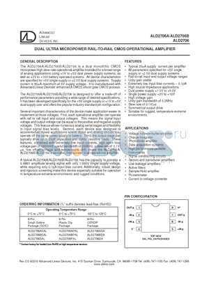 ALD2706BSAL datasheet - DUAL ULTRA MICROPOWER RAIL-TO-RAIL CMOS OPERATIONAL AMPLIFIER