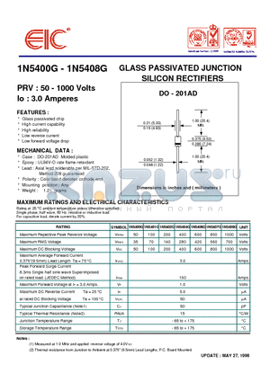 1N5407G datasheet - GLASS PASSIVATED JUNCTION SILICON RECTIFIERS