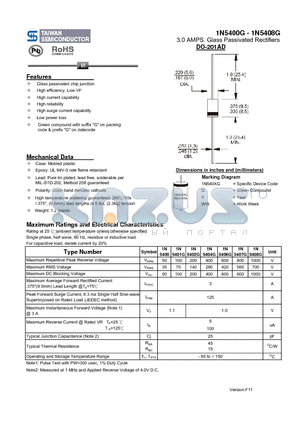 1N5407G datasheet - 3.0 AMPS. Glass Passivated Rectifiers