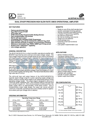 ALD2724ESB datasheet - DUAL EPAD^ PRECISION HIGH SLEW RATE CMOS OPERATIONAL AMPLIFIER