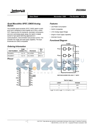 DG308ACJ datasheet - Quad Monolithic SPST, CMOS Analog Switch