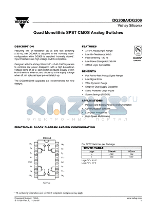 DG308ACJ datasheet - Quad Monolithic SPST CMOS Analog Switches