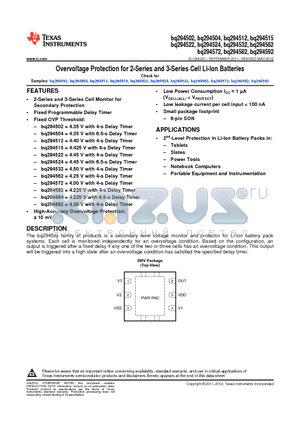 BQ294502 datasheet - Overvoltage Protection for 2-Series and 3-Series Cell Li-Ion Batteries