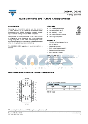DG308ACJ datasheet - Quad Monolithic SPST CMOS Analog Switches