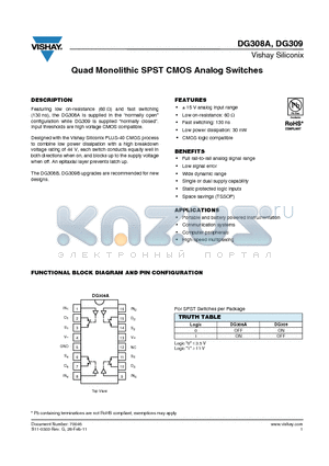 DG308ADQ datasheet - Quad Monolithic SPST CMOS Analog Switches