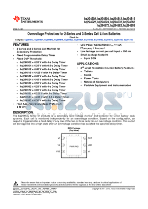 BQ294562DRVR datasheet - Overvoltage Protection for 2-Series and 3-Series Cell Li-Ion Batteries