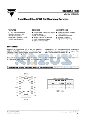 DG308ADY datasheet - Quad Monolithic SPST CMOS Analog Switches