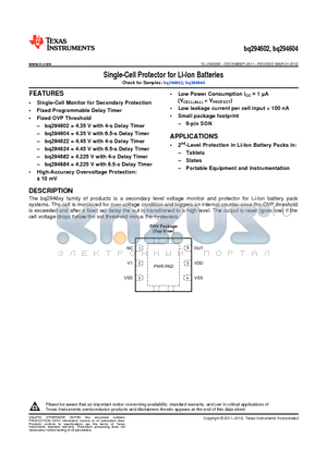 BQ294602 datasheet - Single-Cell Protector for Li-Ion Batteries