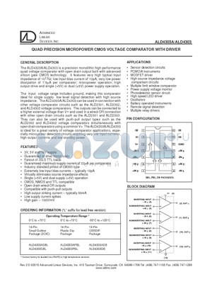 ALD4303SBL datasheet - QUAD PRECISION MICROPOWER CMOS VOLTAGE COMPARATOR WITH DRIVER