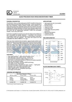 ALD4501PE datasheet - QUAD PRECISION HIGH SPEED MICROPOWER TIMER