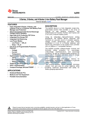 BQ3050 datasheet - 2-Series, 3-Series, and 4-Series Li-Ion Battery Pack Manager