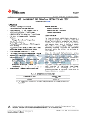 BQ3060PWR datasheet - SBS 1.1-COMPLIANT GAS GAUGE and PROTECTION with CEDV