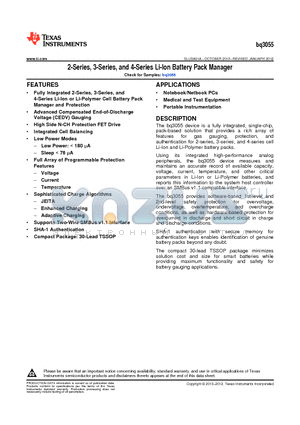 BQ3055DBT datasheet - 2-Series, 3-Series, and 4-Series Li-Ion Battery Pack Manager