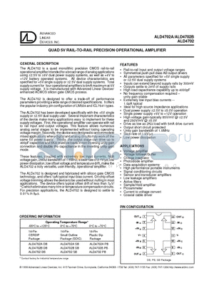 ALD4702 datasheet - QUAD 5V RAIL-TO-RAIL PRECISION OPERATIONAL AMPLIFIER