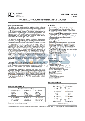 ALD4702B datasheet - QUAD 5V RAIL-TO-RAIL PRECISION OPERATIONAL AMPLIFIER