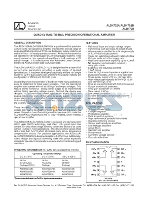 ALD4702PBL datasheet - QUAD 5V RAIL-TO-RAIL PRECISION OPERATIONAL AMPLIFIER