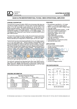 ALD4706 datasheet - QUAD ULTRA MICROPOWER RAIL-TO-RAIL CMOS OPERATIONAL AMPLIFIER